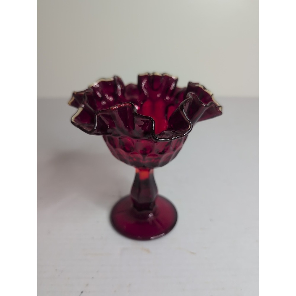 Fenton Red Ruby With Amberina Crest Thumbprint Compote Candy Dish 6" Tall